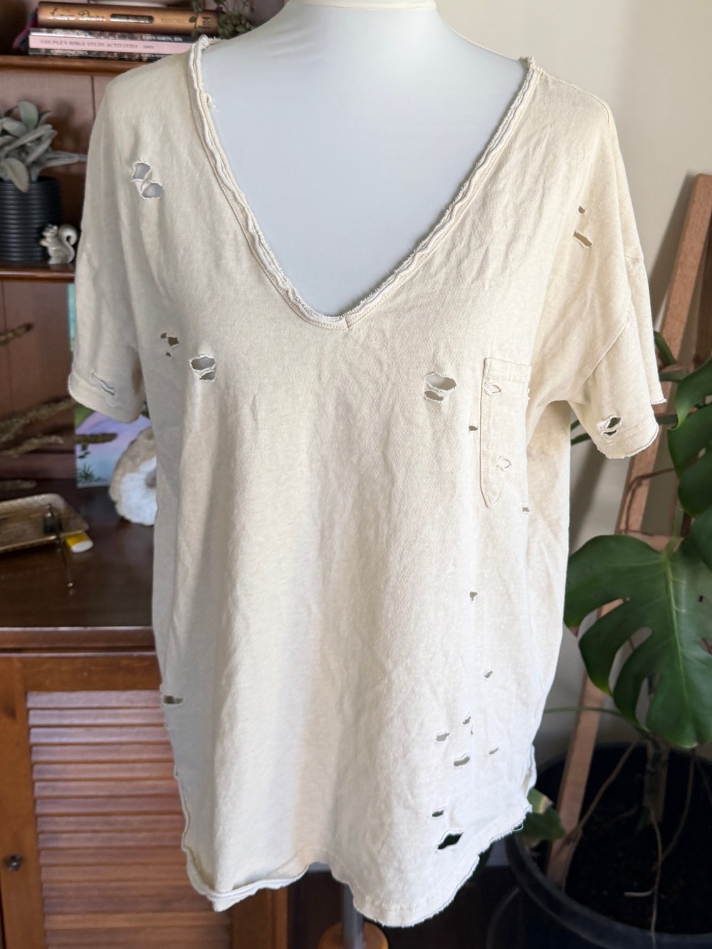 POL Cream Distressed Holes V-Neck Women's Top Shirt L